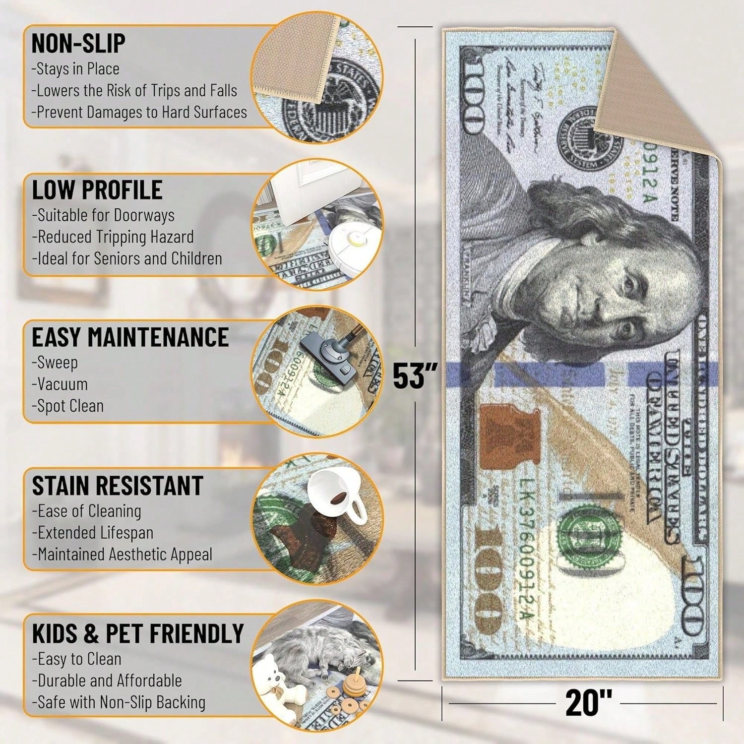 Money Rugs 100 Dollar Bill Run - Home Textiles ulasan dan harga