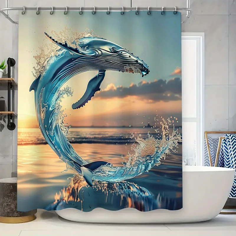 Blue Whale Print Shower Curtai - Home Textiles Luxury Curtains ulasan dan harga